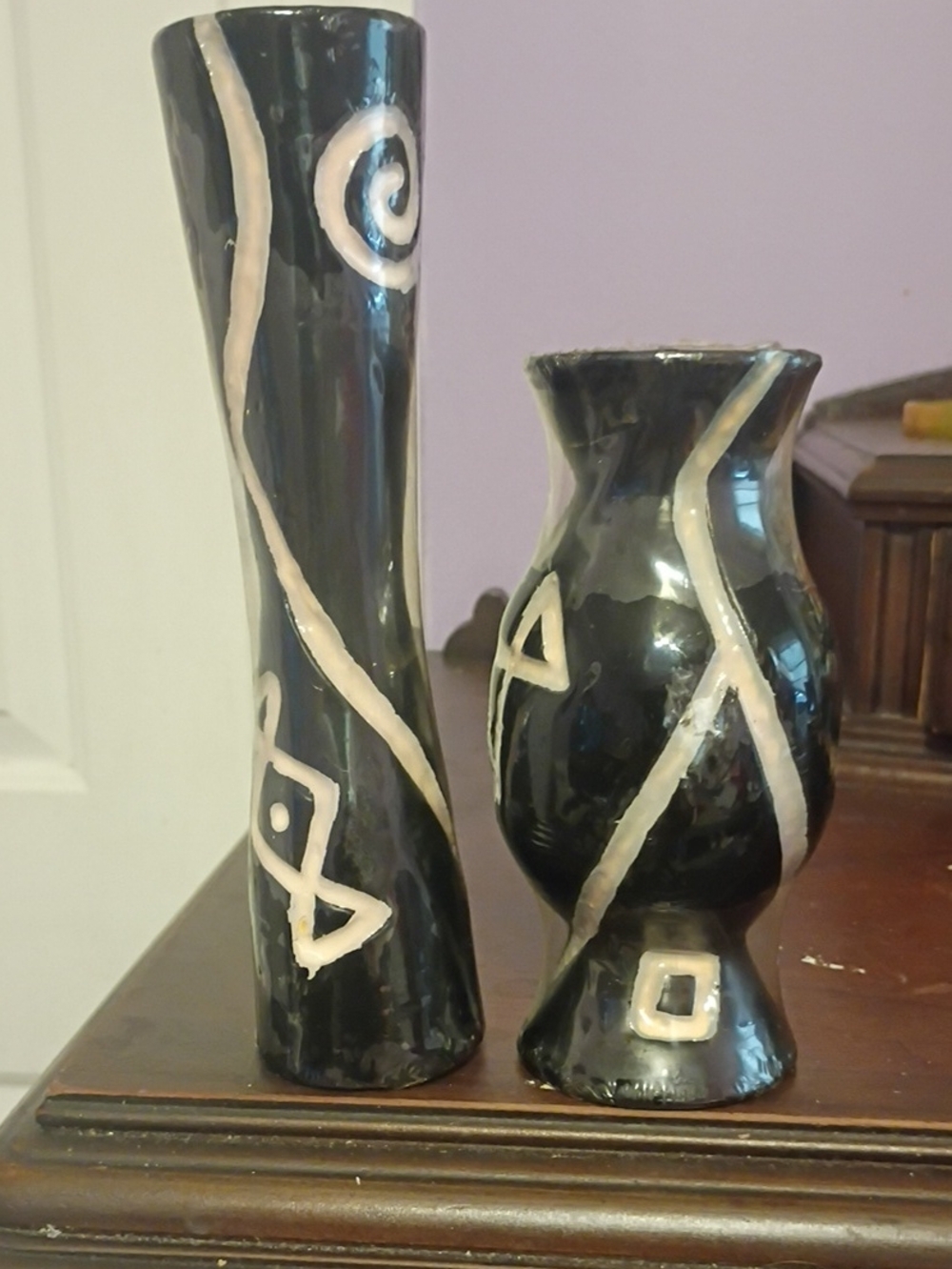 2 Black Ceramic Decorative Candles with Cream Geometric Accent - Home Accents